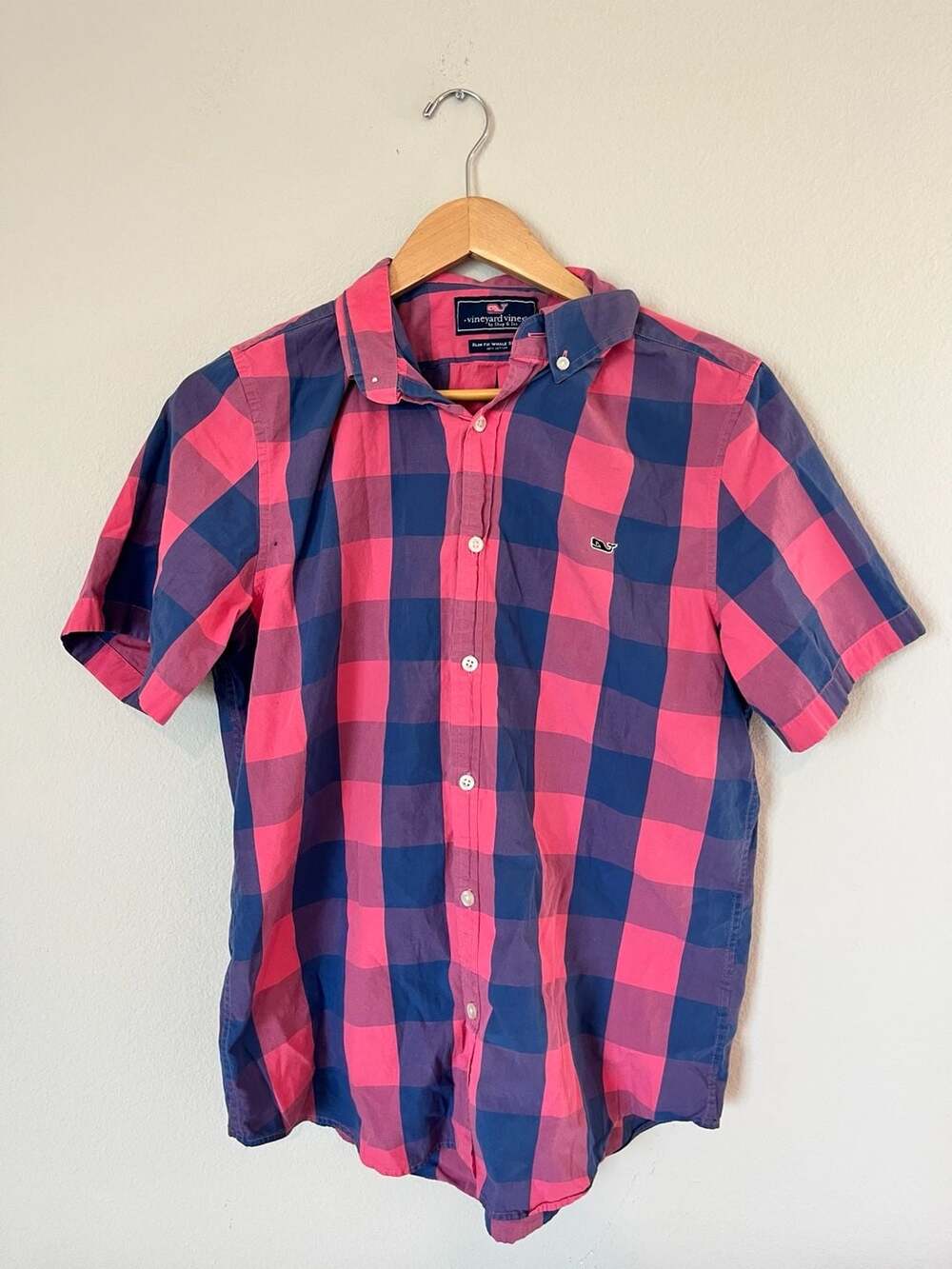 Vineyard Vines, Vibrant Pink/Blue Check Short Sleeve Polo, Whale Shirt,Preppy,M